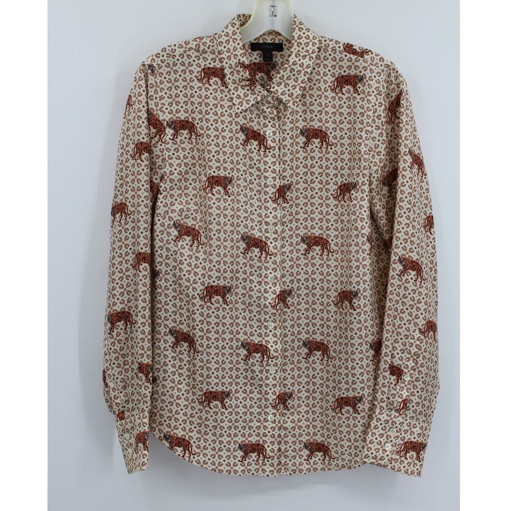 J. Crew Top Womens 8 Cream 100% Silk Tiger Print Shirt Blouse Animal